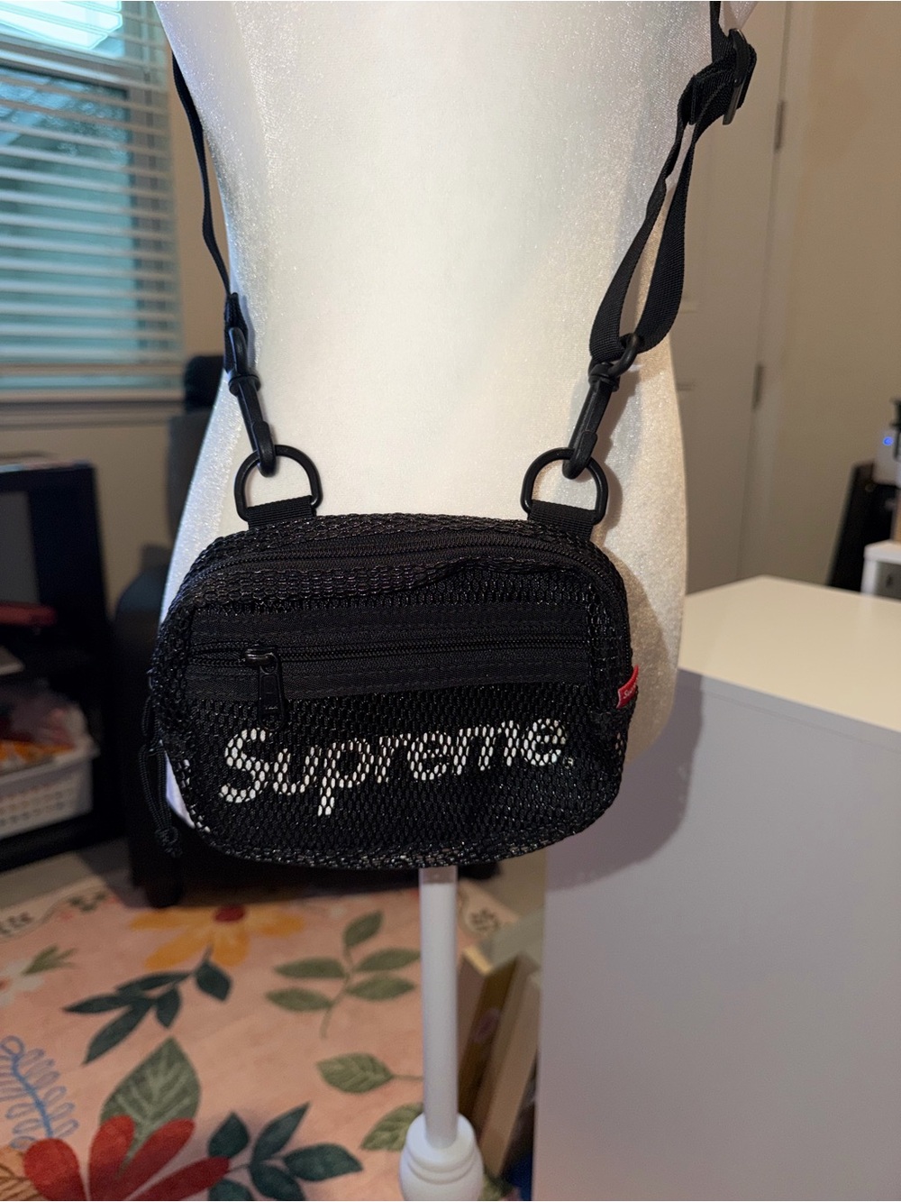 Supreme Black Mesh Crossbody Pouch with White Logo